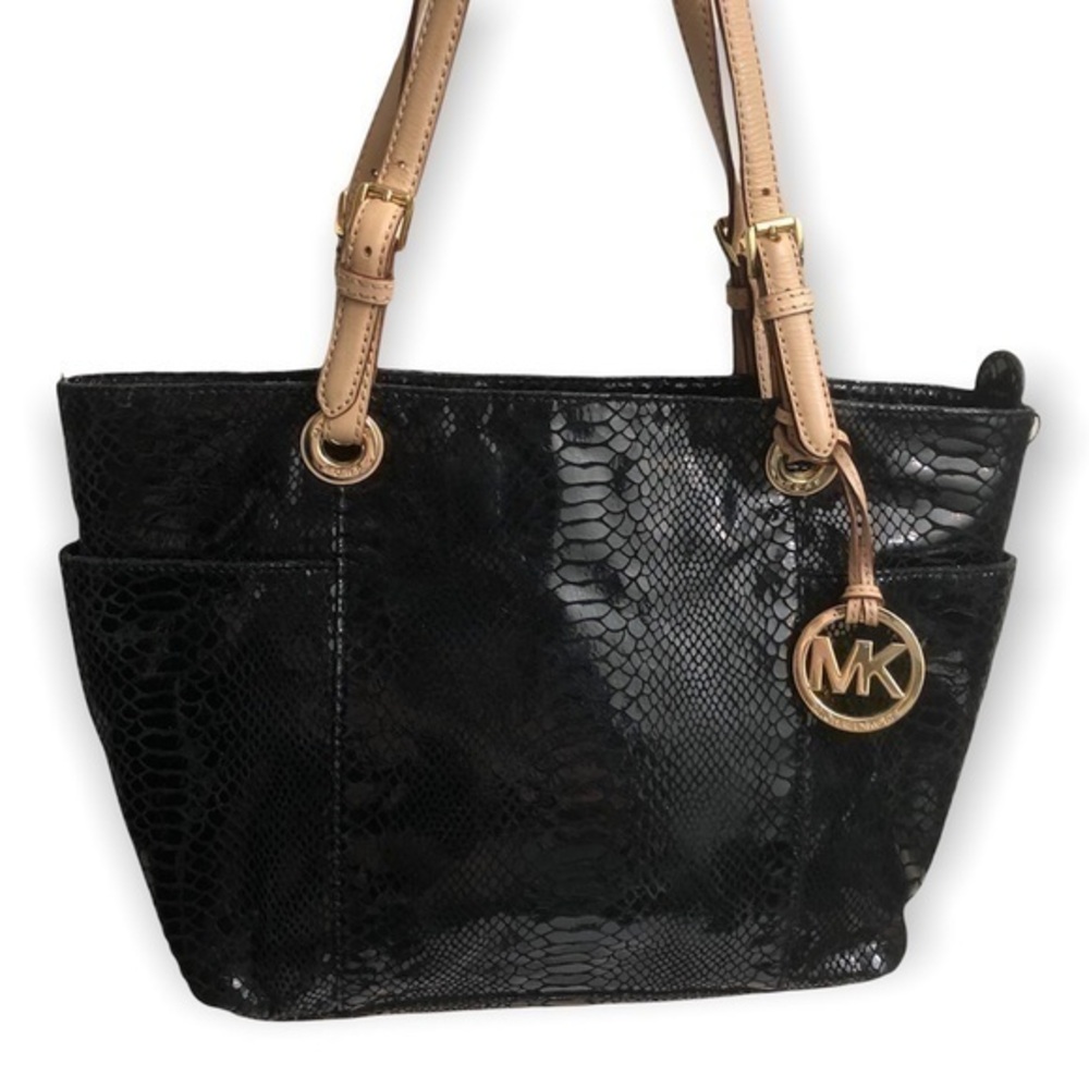Michael kors black snakeskin embossed leather tote bag